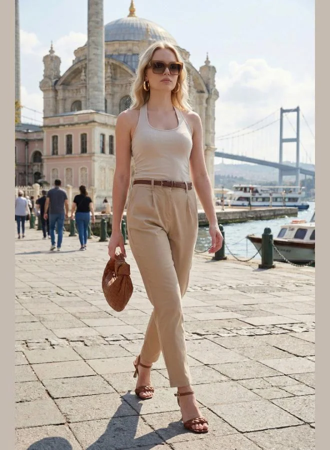 ليلا Lela Stretch Cotton Regular Fit High Waist Straight Leg Short Trousers with Belt for Women PANTS 668YP5335