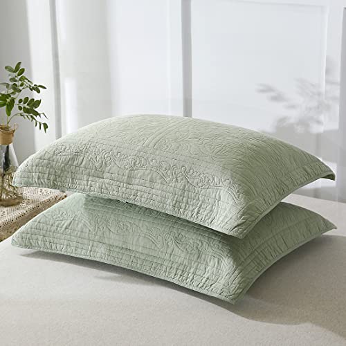 WINLIFE 100% Cotton Quilted Pillow Sham Floral Printed Pillow Cover King Size, Set of 2, Green - Image 2