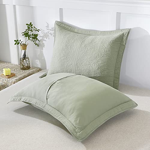 WINLIFE 100% Cotton Quilted Pillow Sham Floral Printed Pillow Cover King Size, Set of 2, Green - Image 4
