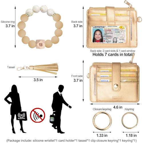 COOLANS Wristlet Bracelet Keychain Pocket Credit Card Holder Purse Tassel Keychain Bangle Key Ring for Women (Silicone Bead Bracelet+Card Purse (Coffe gold)) - Image 2