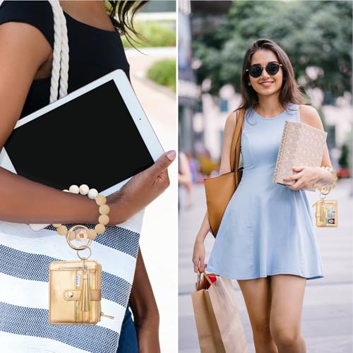 COOLANS Wristlet Bracelet Keychain Pocket Credit Card Holder Purse Tassel Keychain Bangle Key Ring for Women (Silicone Bead Bracelet+Card Purse (Coffe gold)) - Image 3