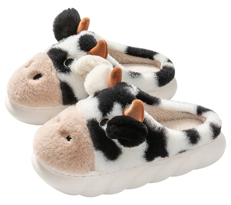 YILANLAN Womens Cute Pig Animal Cow Winter Warm Soft Plush Home Cotton Slippers Black 9 10 Medium