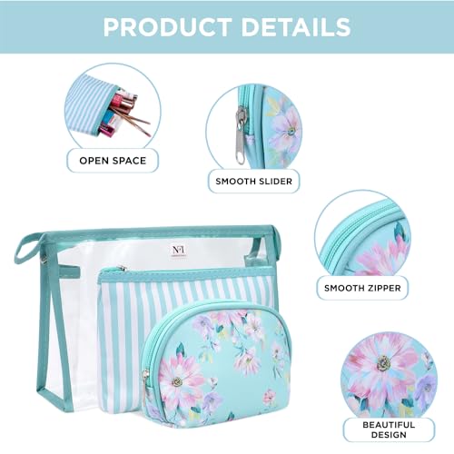 NFI essentials 3 Piece Set of Floral Print Cosmetic Bag, Makeup Pouch, Vanity Case, Travel Organizer Toiletry Kit for Women, Striped Wristlet Transparent Clear Pouch Set, Large, Medium, Small - Image 2