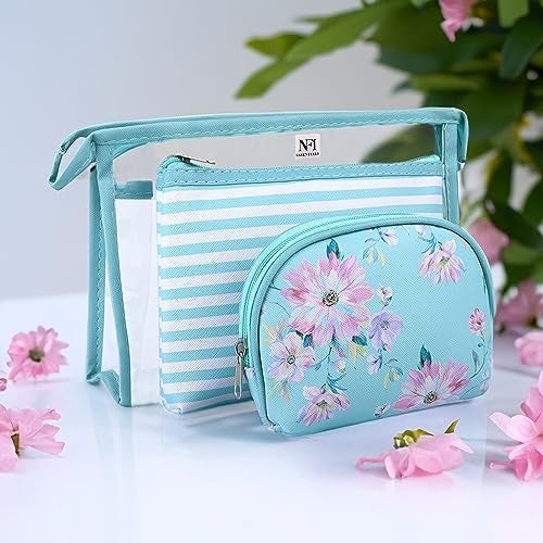 NFI essentials 3 Piece Set of Floral Print Cosmetic Bag, Makeup Pouch, Vanity Case, Travel Organizer Toiletry Kit for Women, Striped Wristlet Transparent Clear Pouch Set, Large, Medium, Small - Image 5