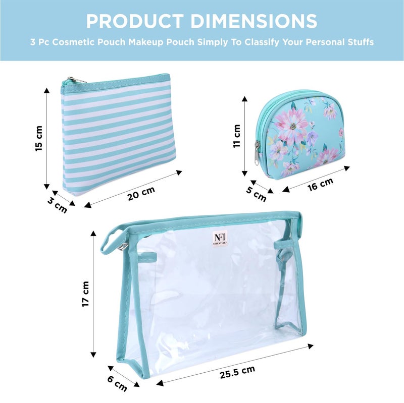 NFI essentials 3 Piece Set of Floral Print Cosmetic Bag, Makeup Pouch, Vanity Case, Travel Organizer Toiletry Kit for Women, Striped Wristlet Transparent Clear Pouch Set, Large, Medium, Small - Image 4