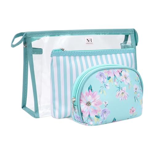 NFI essentials 3 Piece Set of Floral Print Cosmetic Bag, Makeup Pouch, Vanity Case, Travel Organizer Toiletry Kit for Women, Striped Wristlet Transparent Clear Pouch Set, Large, Medium, Small - Image 1