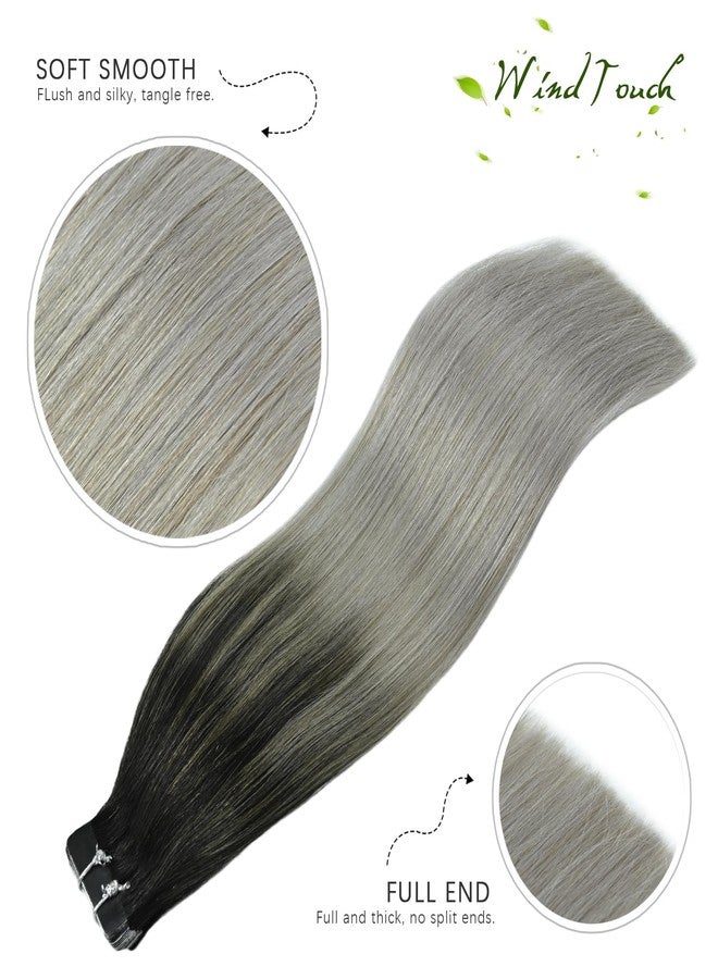 WindTouch Tape In Hair Extensions Human Hair Double Sided Tape Skin Weft Balayage Ombre Hair Natural Black Fading to Silver Ash Blonde Hair Extensions Remy Hair #1btGray 50g 16Inch 20PCS Thick - Image 4