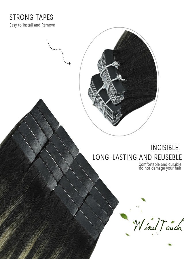 WindTouch Tape In Hair Extensions Human Hair Double Sided Tape Skin Weft Balayage Ombre Hair Natural Black Fading to Silver Ash Blonde Hair Extensions Remy Hair #1btGray 50g 16Inch 20PCS Thick - Image 3