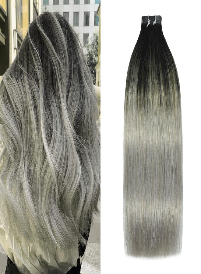 WindTouch Tape In Hair Extensions Human Hair Double Sided Tape Skin Weft Balayage Ombre Hair Natural Black Fading to Silver Ash Blonde Hair Extensions Remy Hair #1btGray 50g 16Inch 20PCS Thick - Image 1