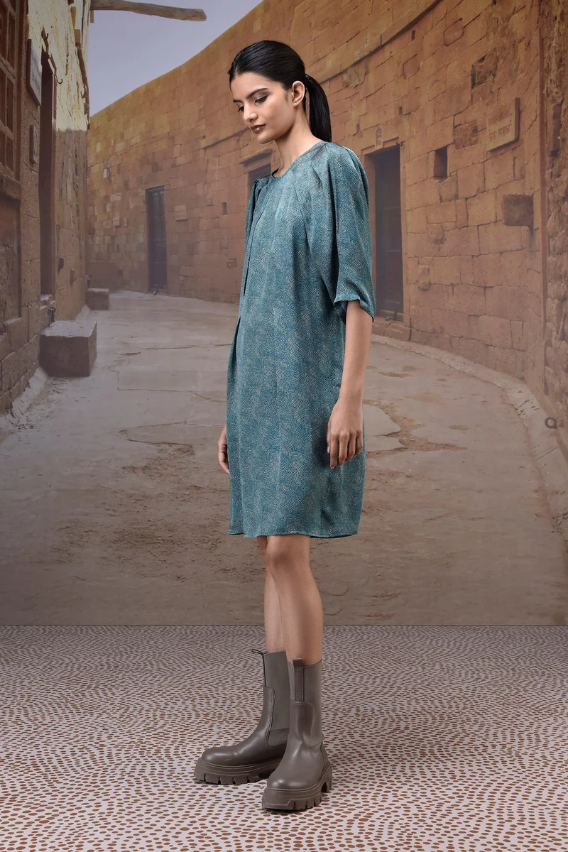 Genes Lecoanet Hemant Pleated Retro Blue Satin Dress