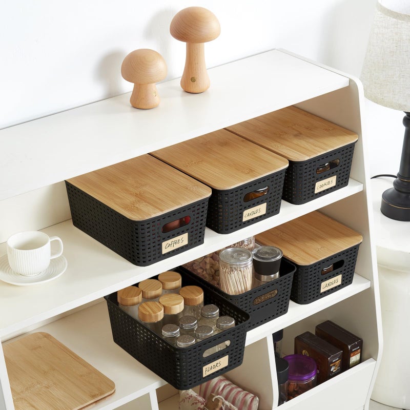 Bagnizer Small Plastic Storage Bins with Bamboo Lids 5.2qt Stackable Box Basket Pantry Decorative Containers Cute with Lable for Organizing Desktop Closet Office Black of 6 packs 10 * 7.2 * 4.1'â€™ - Image 5