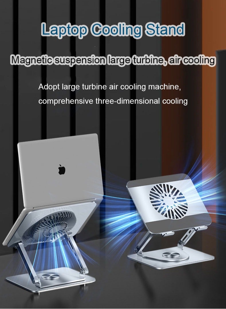 MissTiara Rotatable Laptop Stand for Desk Ergonomic, Upto 17 inch, 360° Rotating, Foldable, Multi Angle Adjustment, Type C Detachable RGB Magnetic Fan, Anti-Slip Silicone Pads, Carbon Steel Body - Image 1