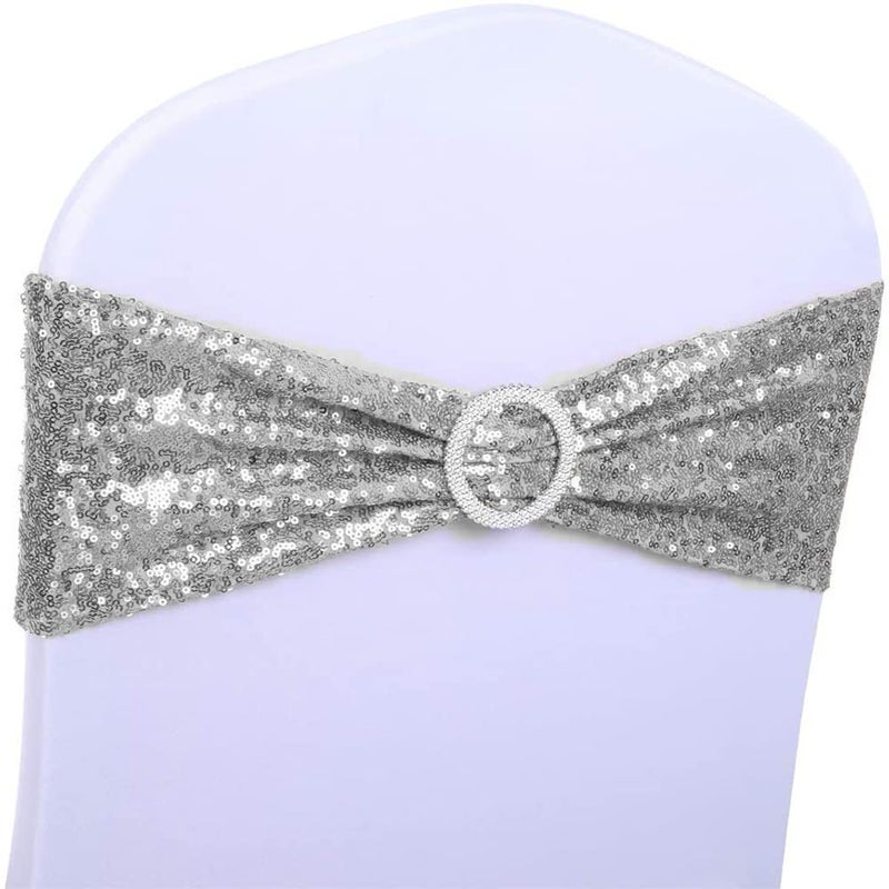 SINSSOWL SINSSOWL Pack of 100 Spandex Sequin Chair Sashes for Wedding Chair Sash Buckles Chair Sashes for Folding Chairs Party Fiesta Baby Shower Decor Chair Bands  Silver Chair Sash 