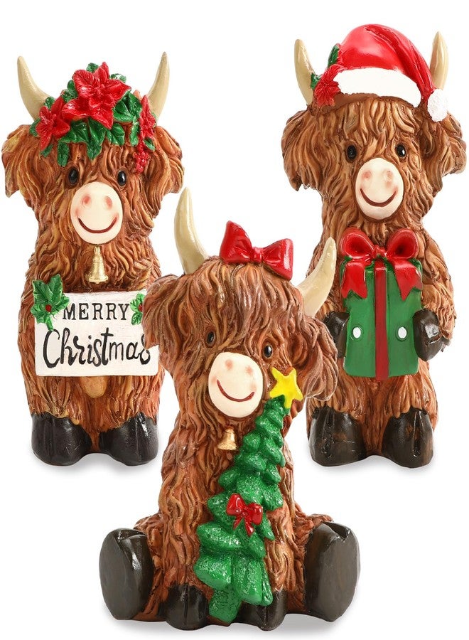 Augshy 3 PCS Highland Cow Figurines, Christmas Scottish Resin Highland Cow Statue Farmhouse Christmas Desktop Decorations for Calf Lovers Creative Xmas Decorations Garden Kitchen Mantle Display Gift - Image 1