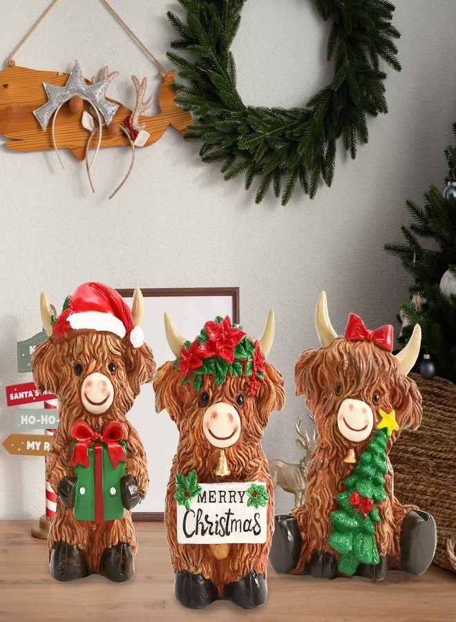 Augshy 3 PCS Highland Cow Figurines, Christmas Scottish Resin Highland Cow Statue Farmhouse Christmas Desktop Decorations for Calf Lovers Creative Xmas Decorations Garden Kitchen Mantle Display Gift - Image 5