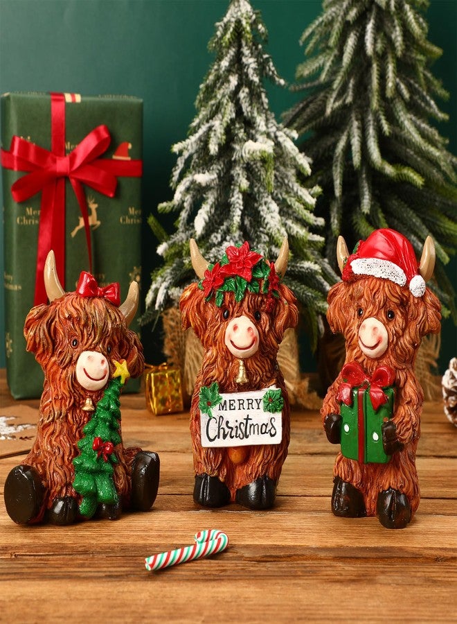 Augshy 3 PCS Highland Cow Figurines, Christmas Scottish Resin Highland Cow Statue Farmhouse Christmas Desktop Decorations for Calf Lovers Creative Xmas Decorations Garden Kitchen Mantle Display Gift - Image 4
