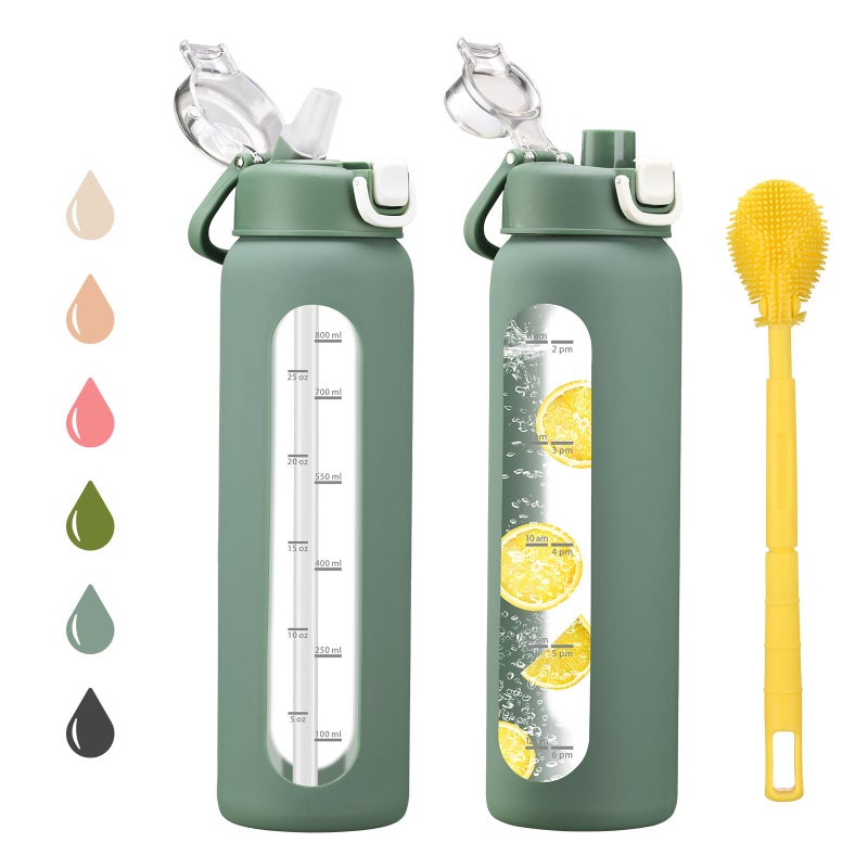 chunmo 32 oz Glass Water Bottles with 2 Lids-Handle Spout Lid & Straw Lid, 1 Liter Motivational Borosilicate Water Bottle with Time Marker and Silicone Sleeve,Leakproof-Olive-1 Pack - Image 1