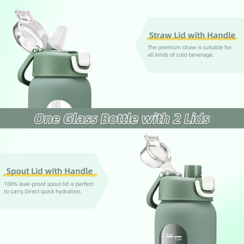 chunmo 32 oz Glass Water Bottles with 2 Lids-Handle Spout Lid & Straw Lid, 1 Liter Motivational Borosilicate Water Bottle with Time Marker and Silicone Sleeve,Leakproof-Olive-1 Pack - Image 2