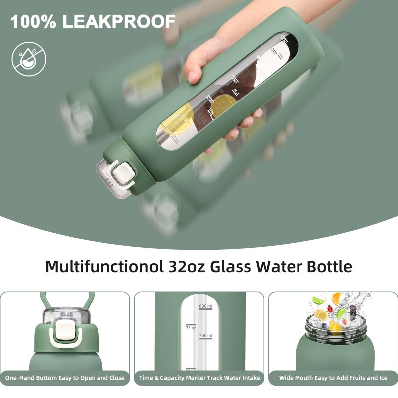 chunmo 32 oz Glass Water Bottles with 2 Lids-Handle Spout Lid & Straw Lid, 1 Liter Motivational Borosilicate Water Bottle with Time Marker and Silicone Sleeve,Leakproof-Olive-1 Pack - Image 3