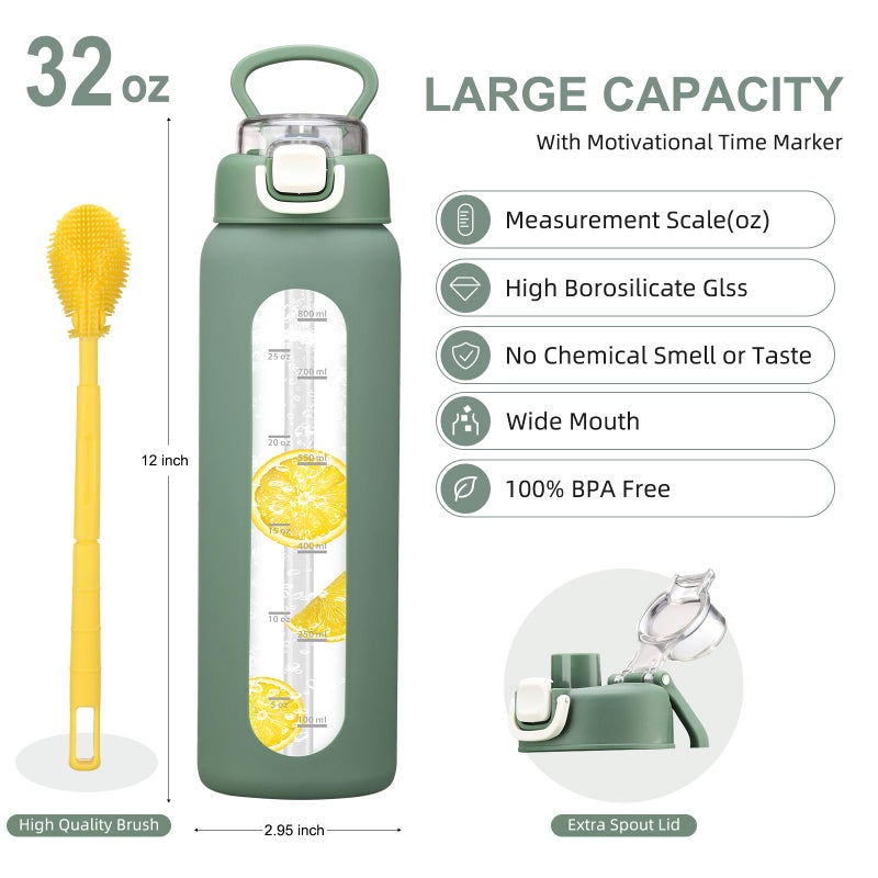 chunmo 32 oz Glass Water Bottles with 2 Lids-Handle Spout Lid & Straw Lid, 1 Liter Motivational Borosilicate Water Bottle with Time Marker and Silicone Sleeve,Leakproof-Olive-1 Pack - Image 4