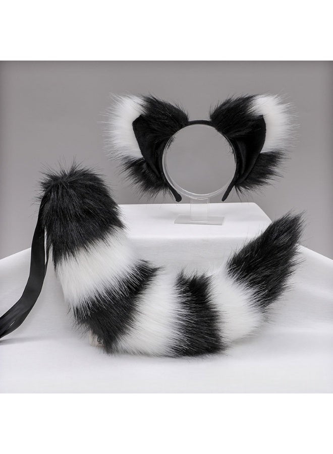 Fox and Wolf Ear Headband with Faux Fur Tail – Halloween Costume Accessories for Role-Playing Parties (Black and White) - Image 3