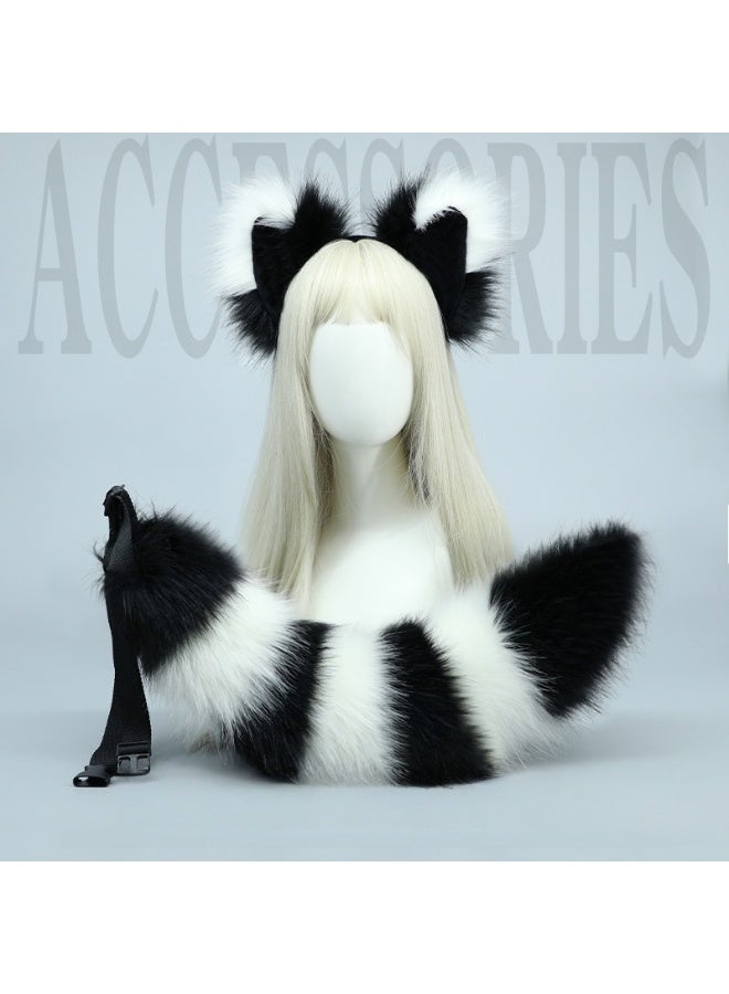 Fox and Wolf Ear Headband with Faux Fur Tail – Halloween Costume Accessories for Role-Playing Parties (Black and White) - Image 1
