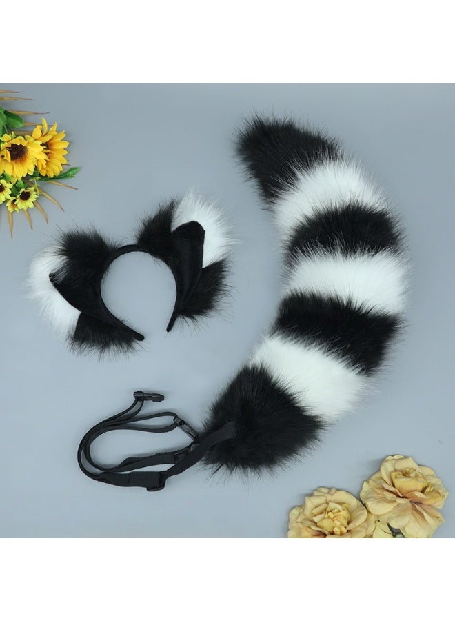 Fox and Wolf Ear Headband with Faux Fur Tail – Halloween Costume Accessories for Role-Playing Parties (Black and White) - Image 2