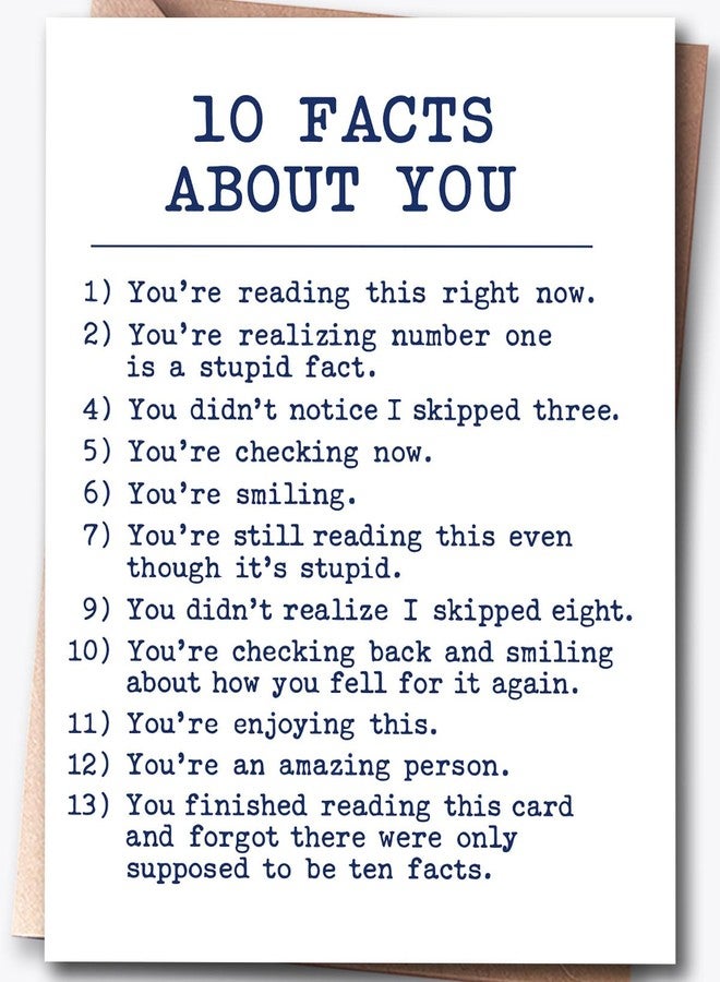 Fwnrmd Funny Birthday Card - “10 Facts About You” Humor Card, Clever Joke Greeting Card for Friends, Family & Coworkers, 5x7 Inch Folded with Envelope & Sticker - Image 1
