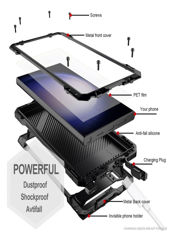 Marrkey for Samsung Galaxy S24 Ultra Metal Case with Stand Screen Protector Durable Bumper Military Grade Shockproof Heavy Duty Rugged Full Body Kickstand Cover Fingerprint Compatible - Black - Image 4