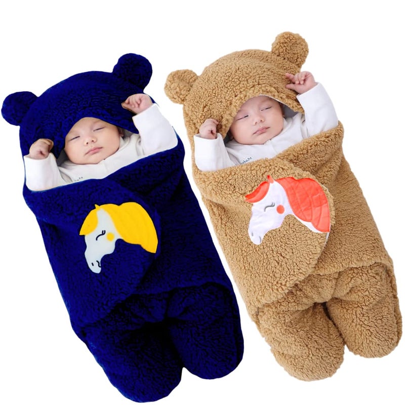 Brandonn BRANDONN Baby Blankets New Born Combo Pack of Wearable Hooded Swaddle Wrapper Sleeping Bag for Baby Boys and Baby Girls Pack of 2 (0-6 Months, NavyBlue & Beige)  - Image 1