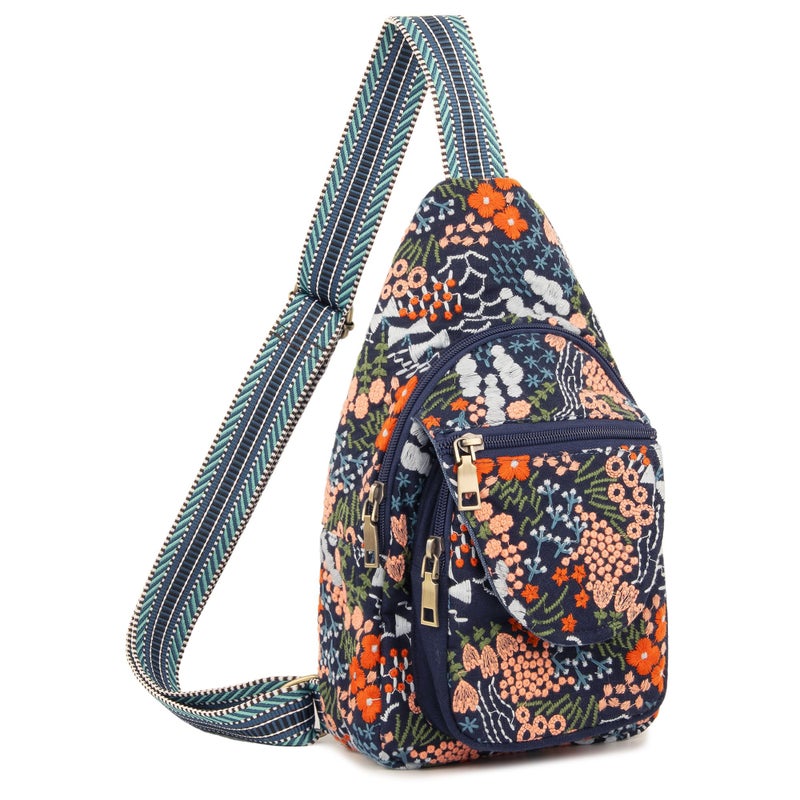 SILKAREA Vintage Embroidered Floral Ethnic Backpack for Women Handbag Shoulder Bag Mini Travel Purse (Flower Sea Blue) - Image 1