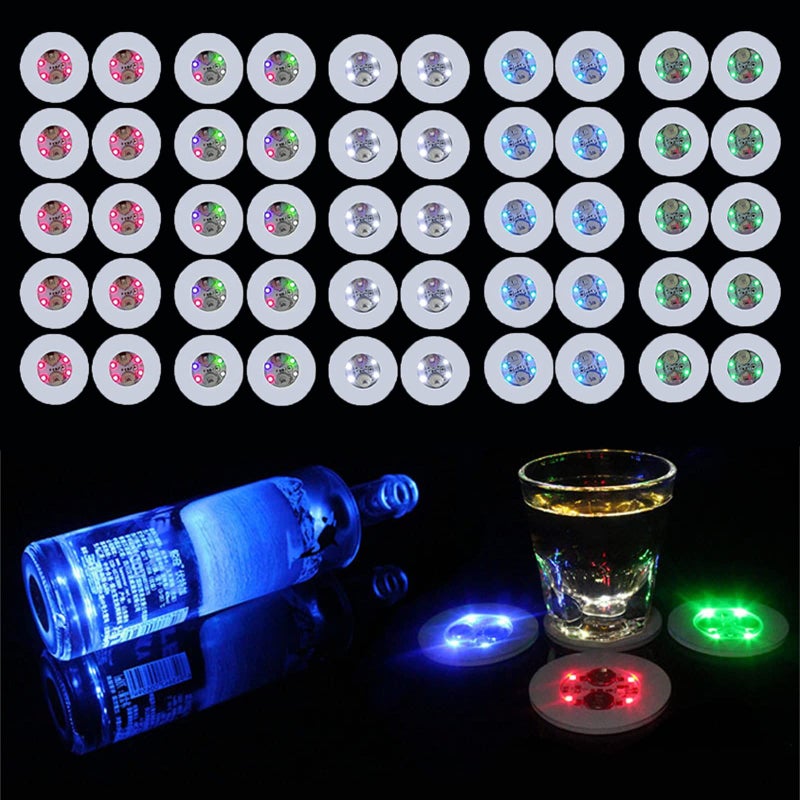 AUSTUFF LED Coaster 50 Pcs Light Up Coasters for Drinks 7 Colors RGB LED Liquor Bottle Lights Stickers Coasters Flash Light Up Bar Coaster for Club Bar Party Wedding DecorMulticolor