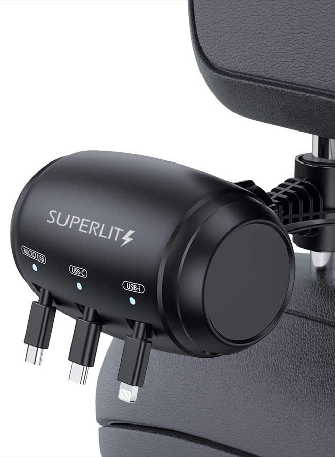 Multi Car Retractable Backseat 3 in 1 Car Charging Station Box Compatible with All Phones | iPhone | Samsung | Uber Lyft Turo Ride Share Customer Charging Dock Attach to Headrest