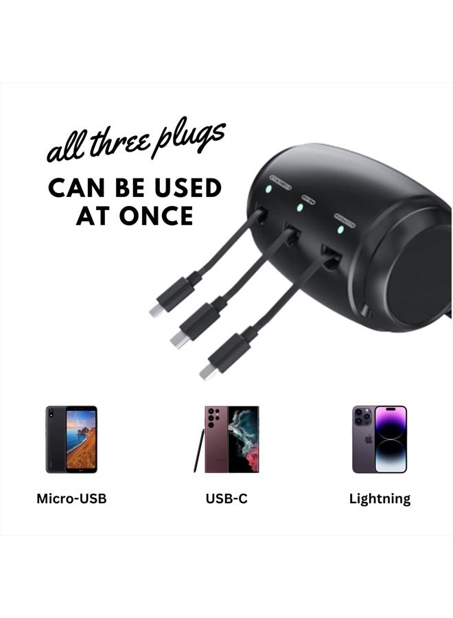 Multi Car Retractable Backseat 3 in 1 Car Charging Station Box Compatible with All Phones | iPhone | Samsung | Uber Lyft Turo Ride Share Customer Charging Dock Attach to Headrest