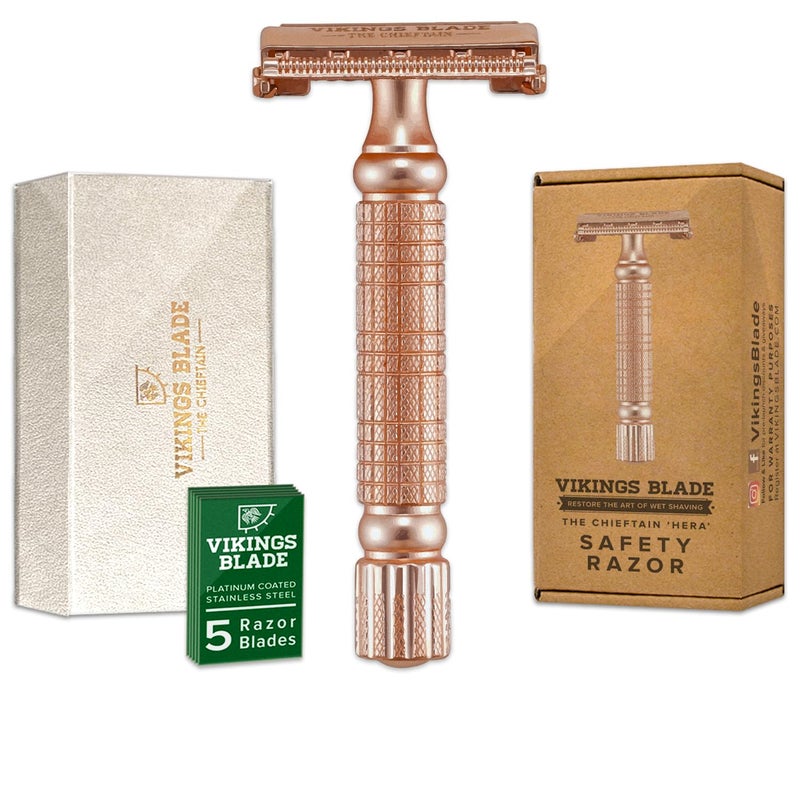 VIKINGS BLADE Double Edge Safety Razor + 5 Swedish Steel Blades + Luxury Case. Smooth, Reusable, Recyclable (Chieftain "Hera") - Image 1