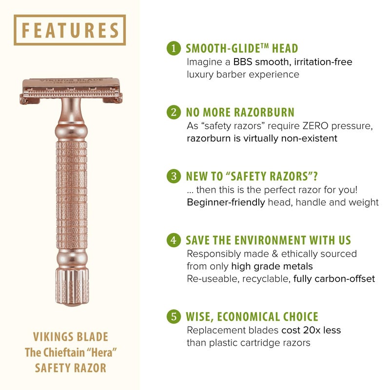 VIKINGS BLADE Double Edge Safety Razor + 5 Swedish Steel Blades + Luxury Case. Smooth, Reusable, Recyclable (Chieftain "Hera") - Image 3