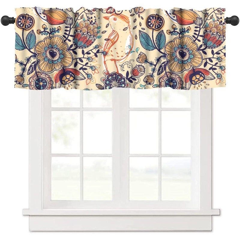 JanJCurt Vintage Paisley Valance, Boho Beige Paisley Flower Leaves Print Blackout Thermal Insulation Short Window Treatment for Kitchen Bedroom Living Room, 54x18inch - Image 1