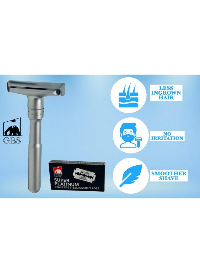 جي.بي.أس شفرة حلاقة آمنة مزدوجة الحافة قابلة للتعديل من الكروم للرجال و10 شفرات بلاتينية قابلة لإعادة التعبئة - Image 3