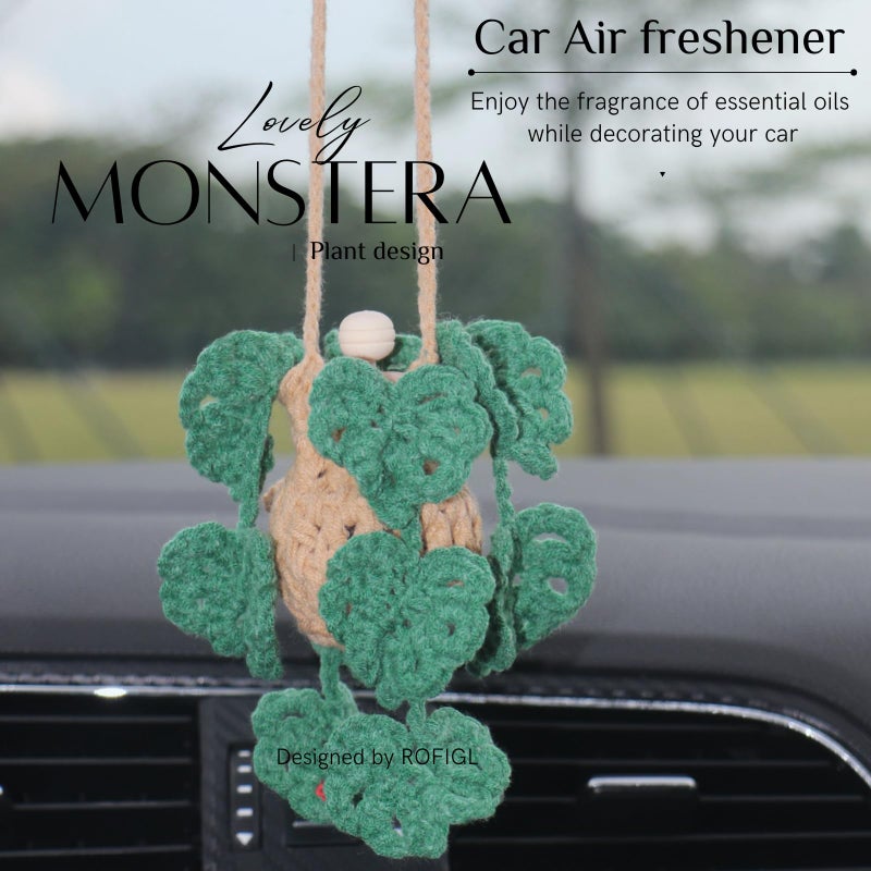 ROFIGL Cute Crochet Car Plant Monstera Essential Oil Diffuser Bottle - 12ml Refillable, Green Car Accessory for Mirror Decor and Home Decor - Image 5