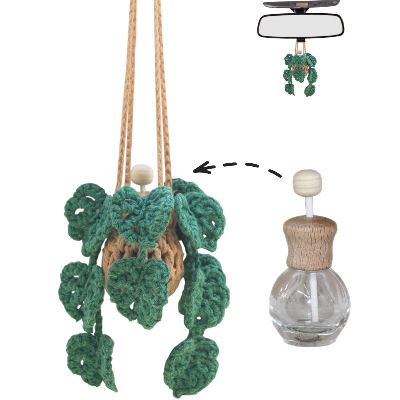 ROFIGL Cute Crochet Car Plant Monstera Essential Oil Diffuser Bottle - 12ml Refillable, Green Car Accessory for Mirror Decor and Home Decor - Image 1