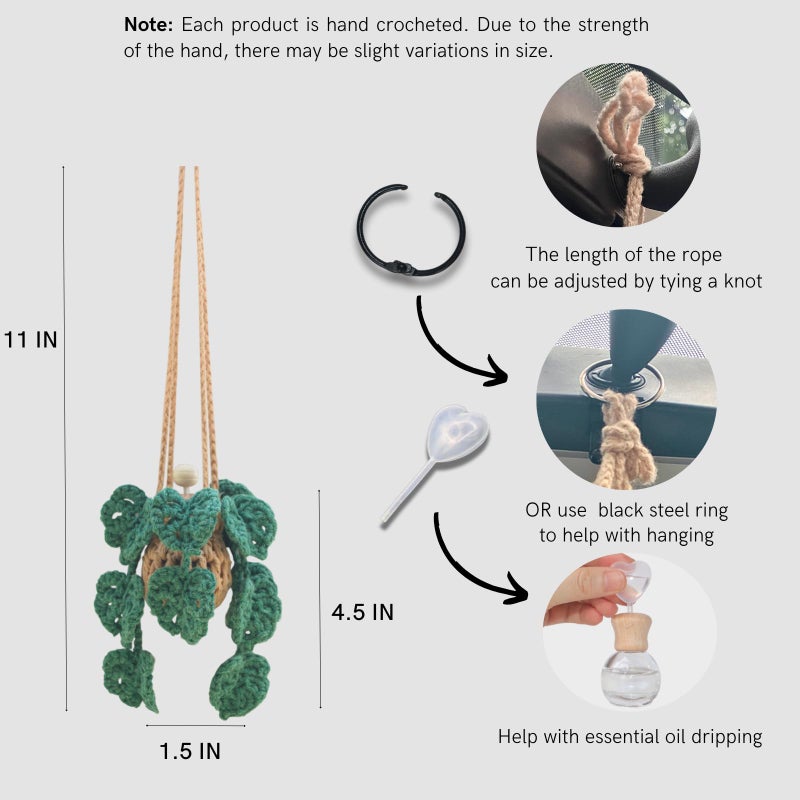 ROFIGL Cute Crochet Car Plant Monstera Essential Oil Diffuser Bottle - 12ml Refillable, Green Car Accessory for Mirror Decor and Home Decor - Image 2