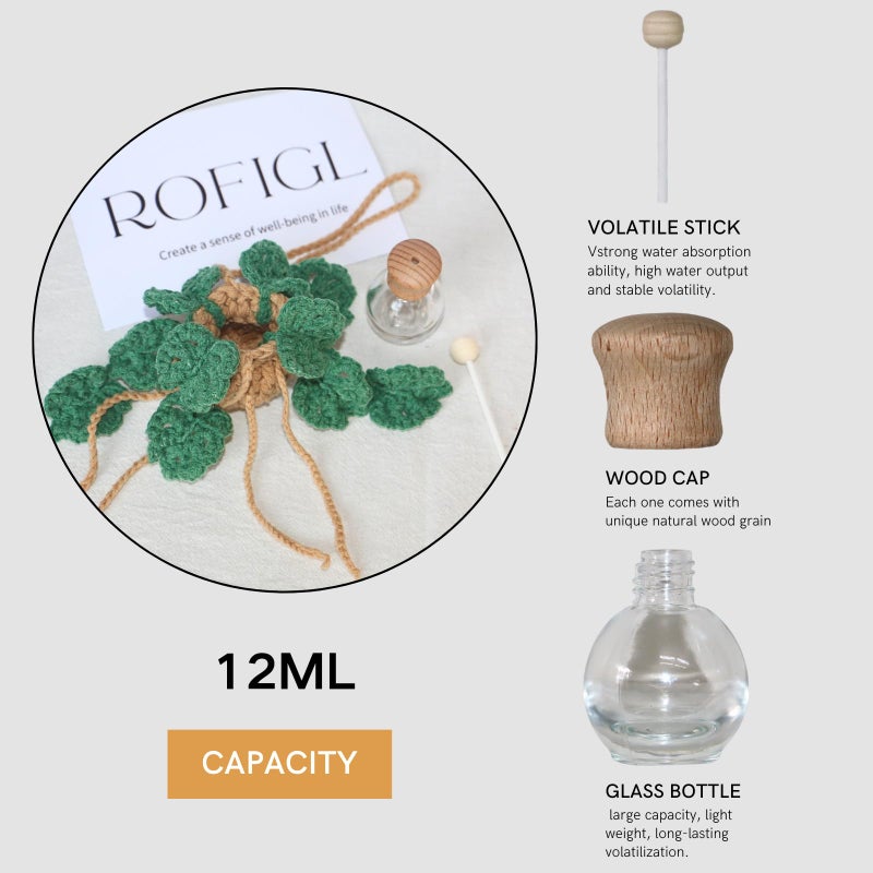 ROFIGL Cute Crochet Car Plant Monstera Essential Oil Diffuser Bottle - 12ml Refillable, Green Car Accessory for Mirror Decor and Home Decor - Image 3