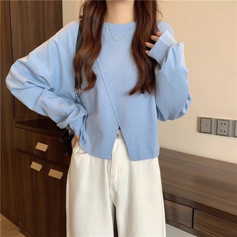 Petite Irregular Hem Cropped Hoodie Spring Thin Top Blue, good quality, no pilling