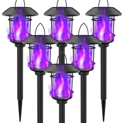 Dynaming 6 Pack Solar Flame Torch Lights Outdoor, Dual Use Flickering Purple Flame Garden Light, Hanging Lantern, Auto On/Off & Waterproof Halloween Lighting for Lawn Patio Yard Walkway Driveway - Image 1