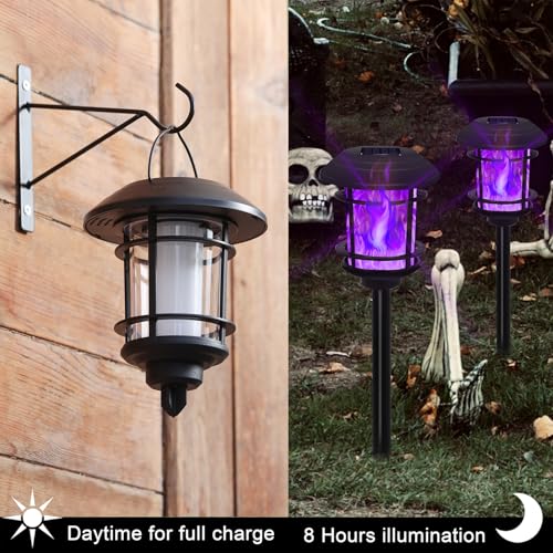 Dynaming 6 Pack Solar Flame Torch Lights Outdoor, Dual Use Flickering Purple Flame Garden Light, Hanging Lantern, Auto On/Off & Waterproof Halloween Lighting for Lawn Patio Yard Walkway Driveway - Image 3