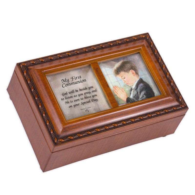 Cottage Garden First Communion God Beside You Woodgrain Rope Trim Petite Music Box Plays Handel's Hallelujah - Image 1