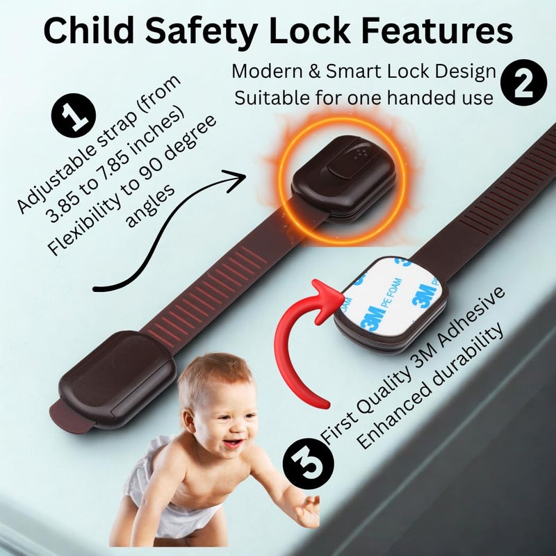 CUTESAFETY - Child Safety Cabinet Locks (6 Pack) - Adjustable Baby Proofing Strap Latches with Strong 3M Adhesive - No Drill Childproof Locks for Drawers, Cabinets, Fridge, Door, Closet, Brown - Image 3