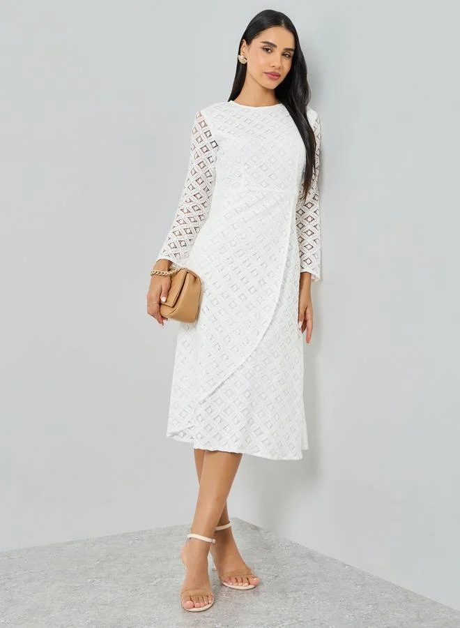 White Lace Short Sleeves A-Line Midi Dress