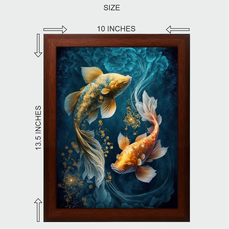 Vastu Fishes Painting Digital Reprint Trendy Fancy Room Home Office Wall Decoration With Brown Frame (10Inches X 13.5Inches) - Engineered Wood - Image 2