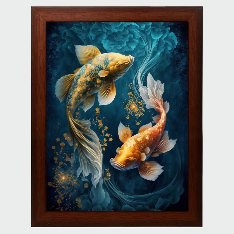 Vastu Fishes Painting Digital Reprint Trendy Fancy Room Home Office Wall Decoration With Brown Frame (10Inches X 13.5Inches) - Engineered Wood - Image 1